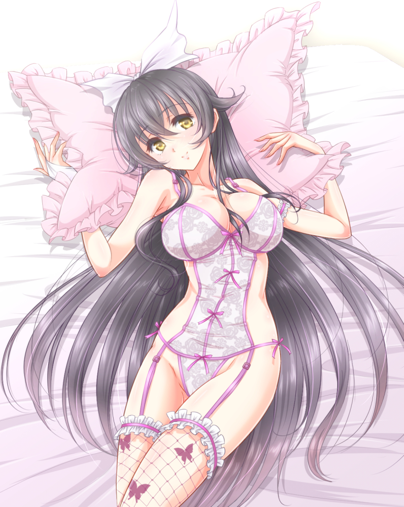 1girl ayumu_(ayumumkrg) bed_sheet black_hair bow breasts collarbone cowboy_shot fishnet_legwear fishnets flower_knight_girl frills from_above hair_bow large_breasts lingerie long_hair lying on_back pillow smile solo thigh-highs thigh_strap tsukimisou_(flower_knight_girl) underwear white_bow yellow_eyes