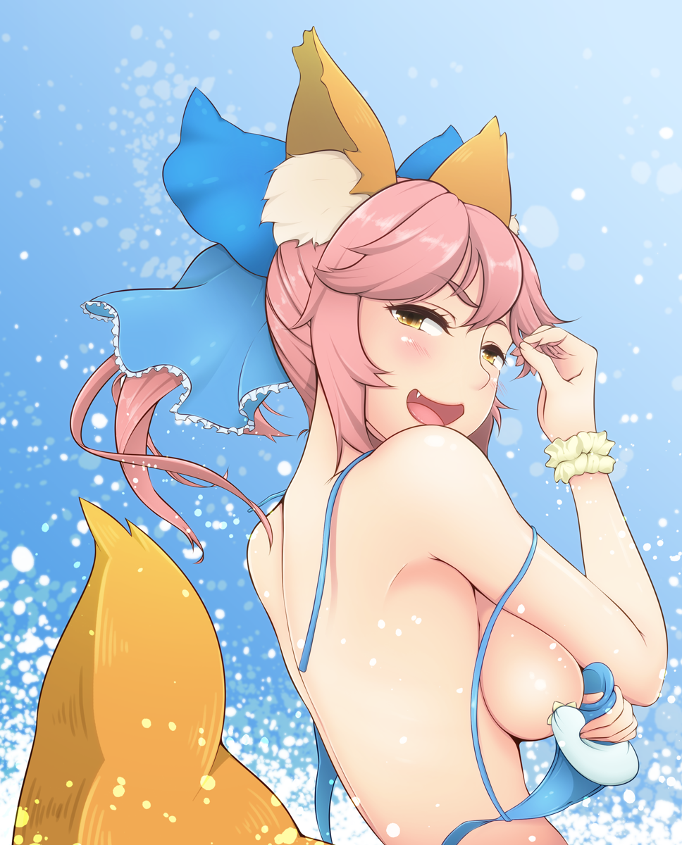 1girl animal_ears bikini blue_bikini blush breasts fang fate/extella fate/extra fate/extra_ccc fate/grand_order fate_(series) fox_ears fox_tail hair_ribbon highres inamochi_keiichirou large_breasts long_hair looking_at_viewer open_mouth pink_hair ribbon sideboob solo swimsuit tail tamamo_(fate)_(all) tamamo_no_mae_(swimsuit_lancer)_(fate) yellow_eyes