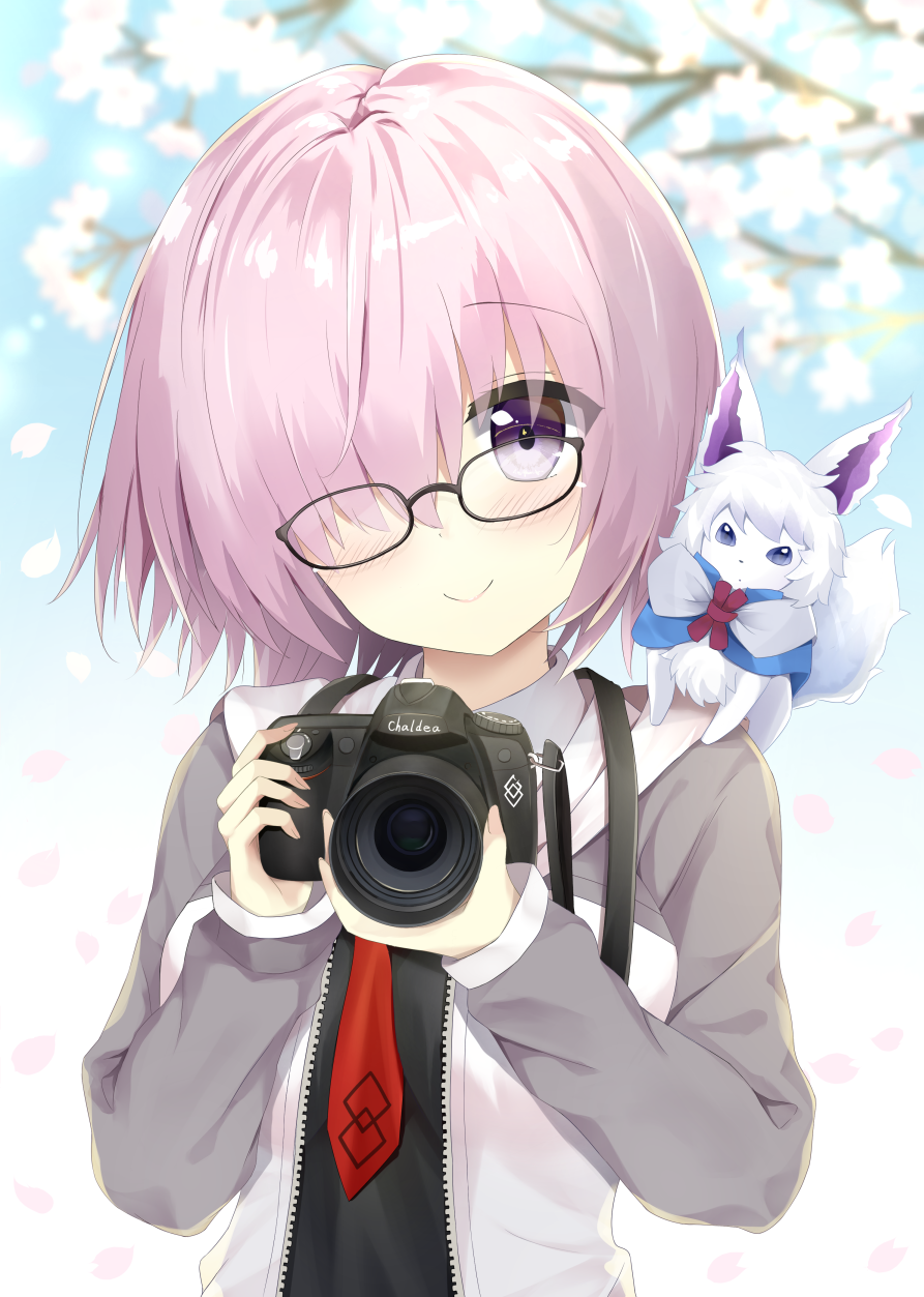 1girl 7_calpis_7 animal camera fate/grand_order fate_(series) fou_(fate/grand_order) glasses hair_over_one_eye highres jacket necktie purple_hair shielder_(fate/grand_order) short_hair tree violet_eyes