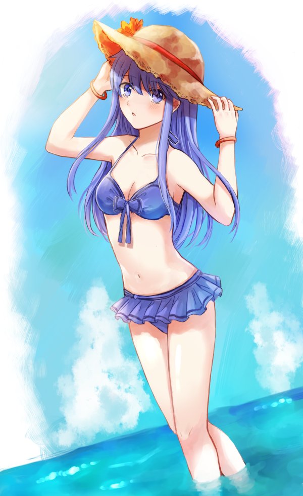 1girl beach bikini bikini_skirt blue_bikini blue_eyes blue_hair blush breasts cleavage collarbone cute day fire_emblem fire_emblem:_fuuin_no_tsurugi fire_emblem:_the_binding_blade fire_emblem_6 fire_emblem_heroes intelligent_systems lilina lilina_(fire_emblem) long_hair looking_at_viewer navel nintendo ocean solo swimsuit wspread