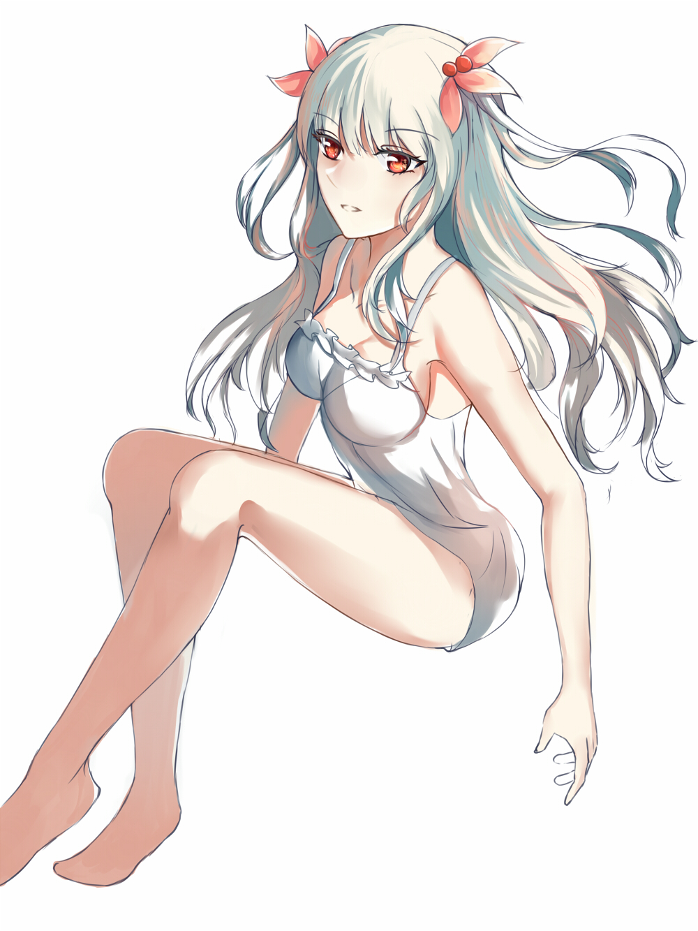 1girl bangs bare_arms bare_shoulders barefoot breasts camisole crossed_ankles essex_(zhan_jian_shao_nyu) eyebrows_visible_through_hair eyelashes frilled_vest hair_ornament hair_over_shoulder highres knees_up large_breasts long_hair looking_away multicolored_hair no_legwear no_pants no_shoes open_mouth red_eyes sideboob silver_hair solo spaghetti_strap vest white_background white_vest yamashita_hakuu zhan_jian_shao_nyu