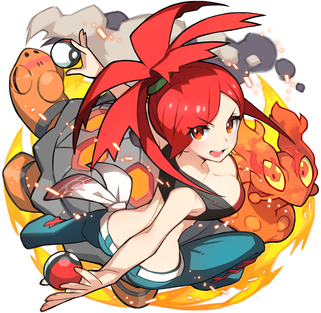 asuna_(pokemon) long_hair pants pokemon ponytail red_eyes redhead slugma torkoal
