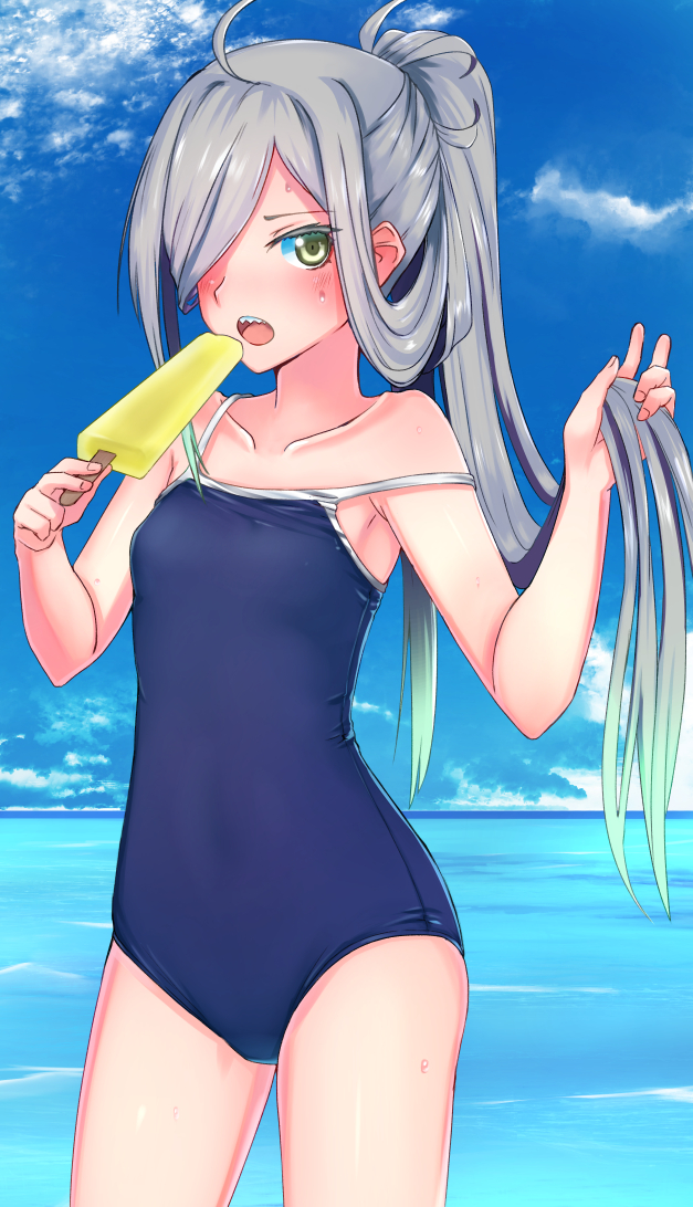 0625a 10s 1girl ahoge asashimo_(kantai_collection) food green_eyes hair_over_one_eye kantai_collection long_hair ponytail popsicle silver_hair swimsuit water