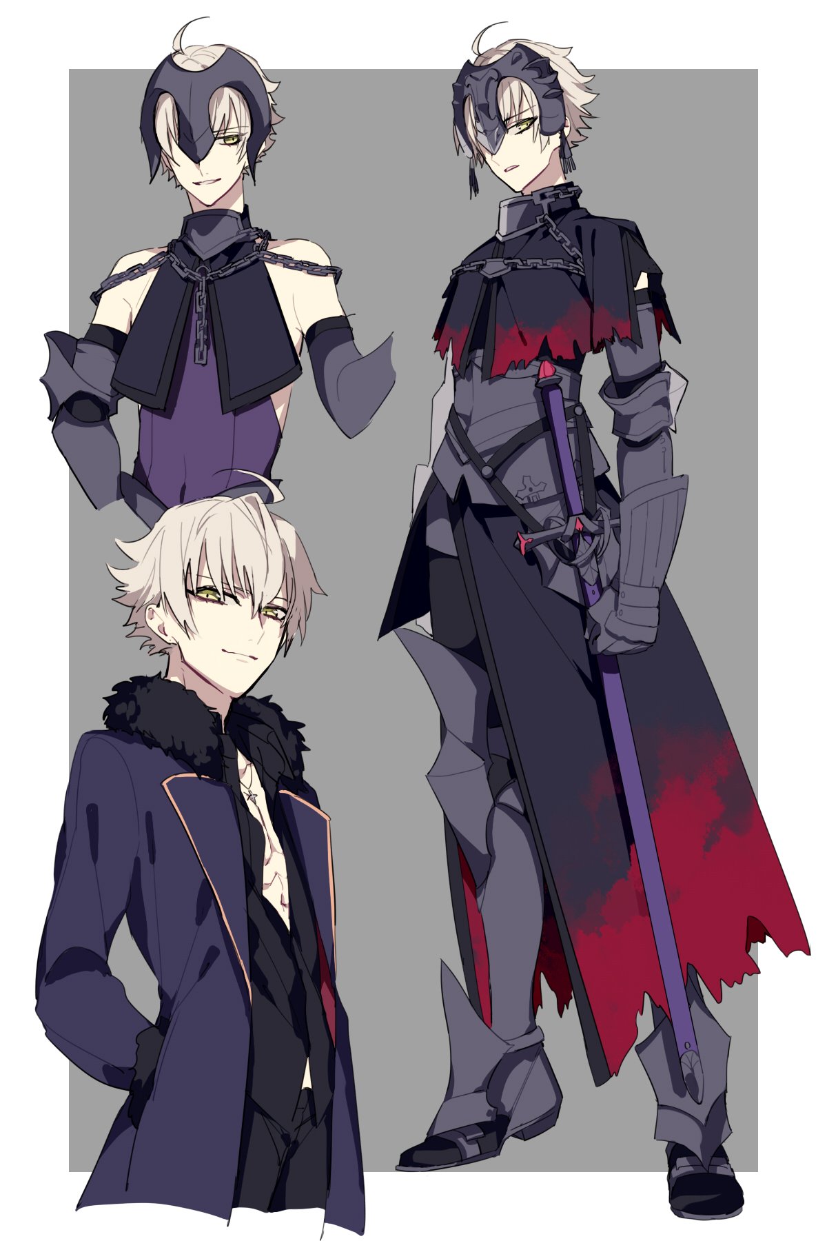 1boy armor black_gloves blonde_hair boots character_sheet elbow_gloves fate/grand_order fate_(series) fur_trim gauntlets genderswap genderswap_(ftm) gloves headpiece highres jeanne_alter jewelry male male_focus necklace open_clothes open_shirt ruler_(fate/apocrypha) shirt sword syubare weapon yellow_eyes