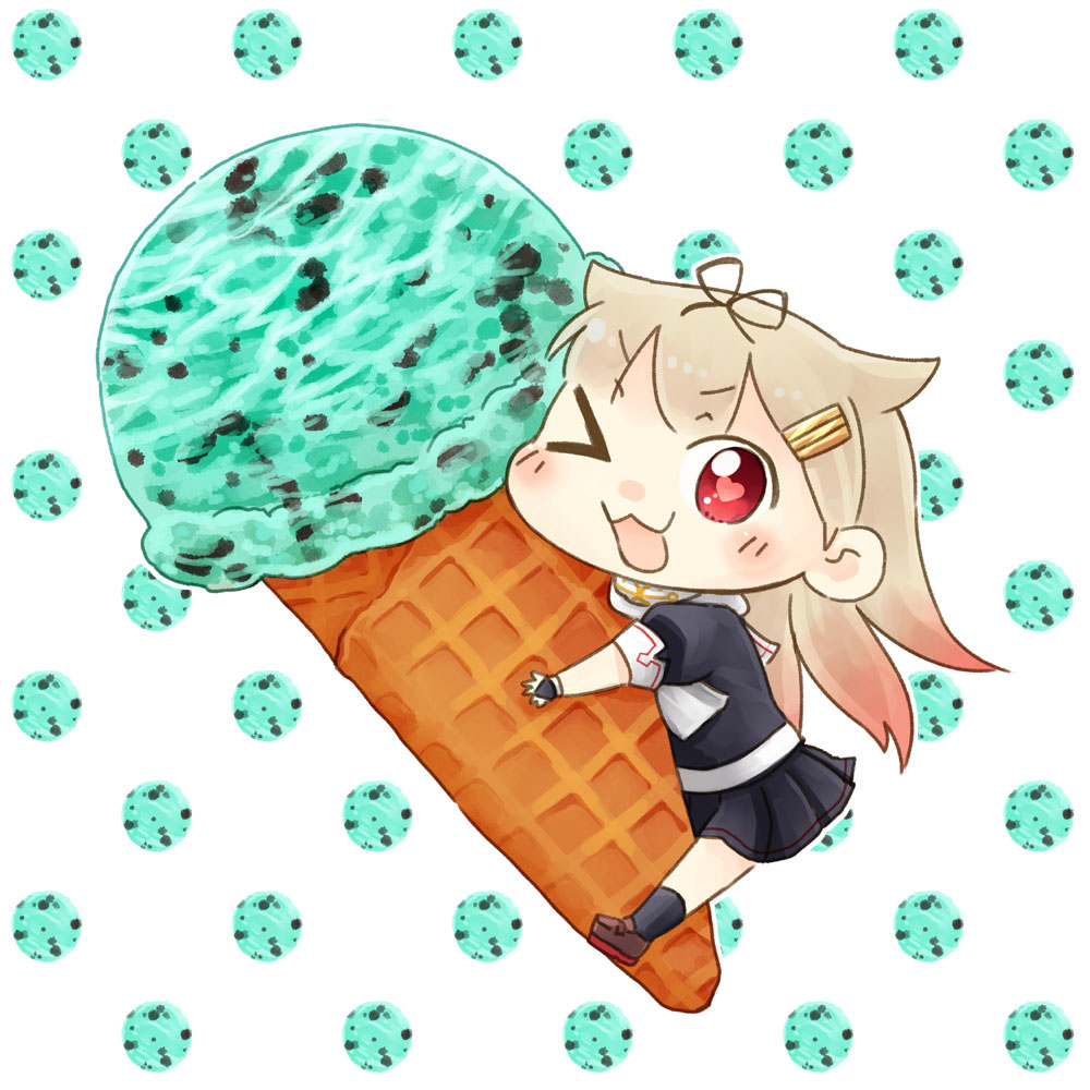 &gt;_o 10s 1girl ;3 ;d black_gloves bow chibi chocolate_mint_ice_cream fingerless_gloves food gloves hair_bow hair_flaps hair_ornament hair_ribbon hairclip heart heart-shaped_pupils hinata_yuu hug ice_cream ice_cream_cone kantai_collection light_brown_hair looking_at_viewer one_eye_closed open_mouth pleated_skirt red_eyes ribbon scarf school_uniform serafuku skirt smile solo symbol-shaped_pupils yuudachi_(kantai_collection)