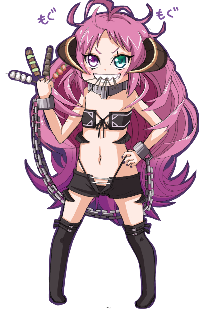 1girl azumaya_(miyui001) black_boots black_nails blush boots chains grin horns kishirika_kishirisu long_hair mushoku_tensei nail_polish navel purple_hair sharp_teeth simple_background smile solo teeth thigh-highs thigh_boots very_long_hair white_background