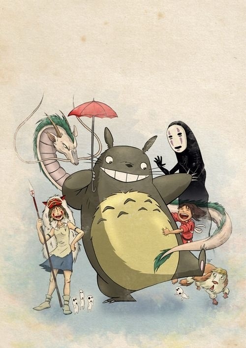 2girls company_connection crossover dragon haku heen kaonashi kodama laughing mononoke_no_hime ogino_chihiro san sen_to_chihiro_no_kamikakushi studio_ghibli tonari_no_totoro totoro umbrella