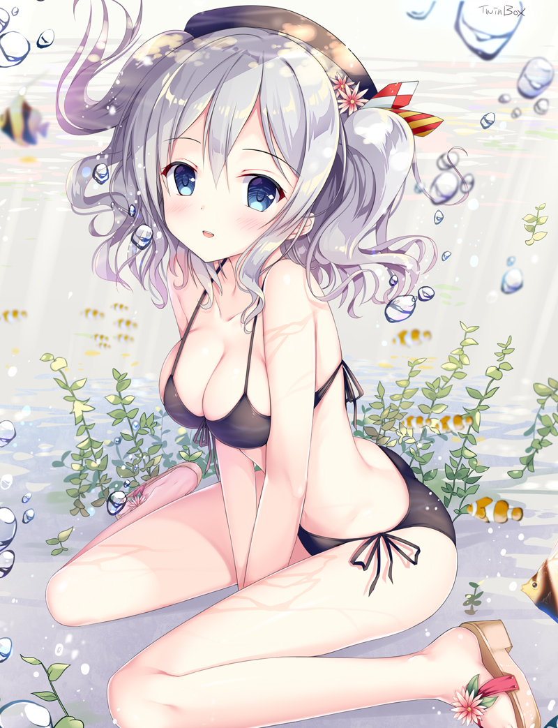 10s 1girl artist_name ass beret between_legs bikini black_bikini black_hat blue_eyes blush breasts cleavage collarbone fish flower front-tie_top goldfish hair_flower hair_ornament hand_between_legs hat kantai_collection kashima_(kantai_collection) long_hair looking_at_viewer looking_up medium_breasts open_mouth parted_lips seaweed side-tie_bikini silver_hair sitting smile solo sousouman swimsuit twintails underwater wariza wavy_hair