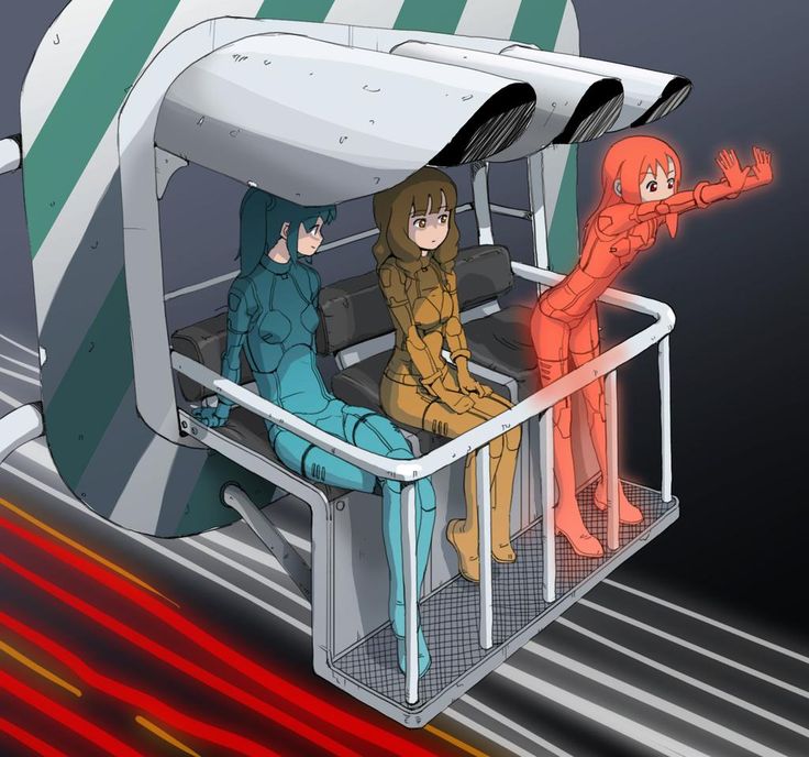 3girls brown_eyes brown_hair green_hair green_suit multiple_girls original red_suit redhead traffic_light yellow_eyes yellow_suit