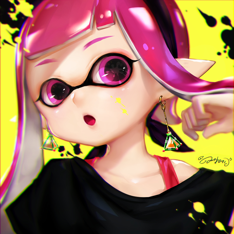 1girl :o domino_mask inkling lma long_hair looking_at_viewer mask off_shoulder paint_splatter pink_eyes pink_hair pointy_ears signature simple_background splatoon tentacle_hair upper_body yellow_background