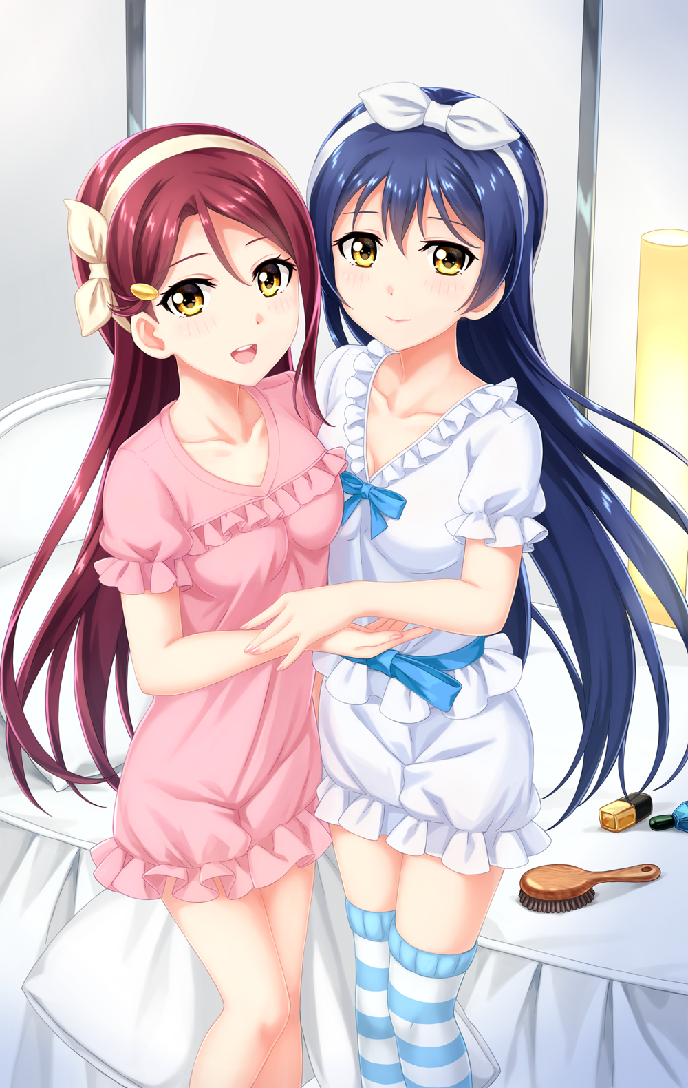 2girls :d auburn_hair bed blue_hair blush breasts collarbone dress hair_brush hair_ornament hair_ribbon hairband hairclip highres long_hair looking_at_viewer love_live! love_live!_school_idol_project love_live!_sunshine!! medium_breasts multiple_girls open_mouth pillow pink_dress puffy_short_sleeves puffy_sleeves redhead ribbon sakurauchi_riko short_sleeves smile sonoda_umi striped striped_legwear thigh-highs tucana very_long_hair white_dress yellow_eyes