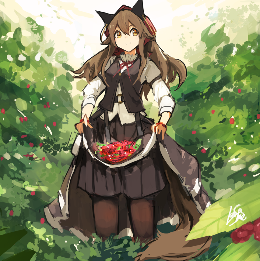 1girl brown_hair brown_legwear day flower hair_between_eyes head_scarf lansane long_hair looking_at_viewer nature original outdoors plant skirt_basket skirt_hold smile solo tail tsana_(lansane) wolf_tail yellow_eyes