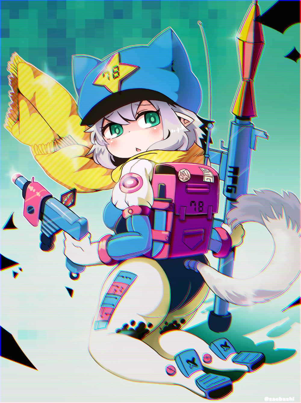 1girl animal_ears ass blush bodysuit chromatic_aberration dog_tail eyebrows_visible_through_hair green_eyes gun highres holding holding_gun holding_weapon kneeling looking_at_viewer original parted_lips pointy_ears rocket_launcher rpg rpg-7 saebashi scarf short_hair silver_hair solo tail weapon yellow_scarf