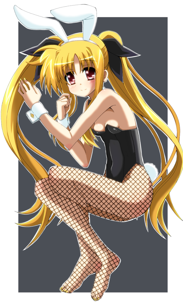 1girl animal_ears azumaya_(miyui001) bare_shoulders blonde_hair blush breasts bunny_girl bunnysuit cleavage fate_testarossa fishnet_pantyhose fishnets long_hair lyrical_nanoha pantyhose rabbit_ears red_eyes small_breasts smile solo twintails very_long_hair