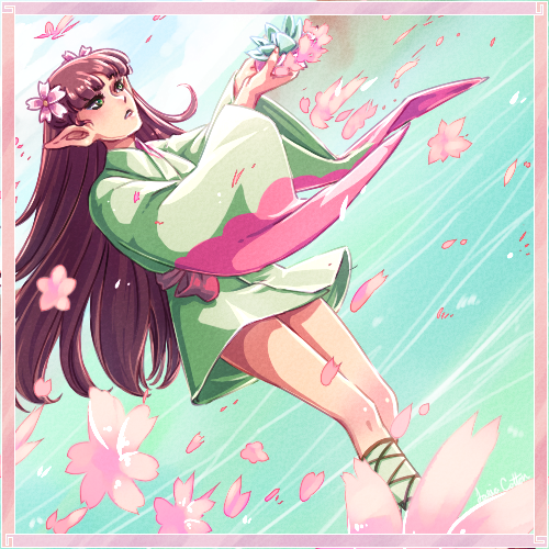 1girl artist_name day flower green_eyes hair_flower hair_ornament inuyasha japanese_clothes long_hair lowres petals pink_hair pointy_ears shunran_(inuyasha) sky solo teeth water