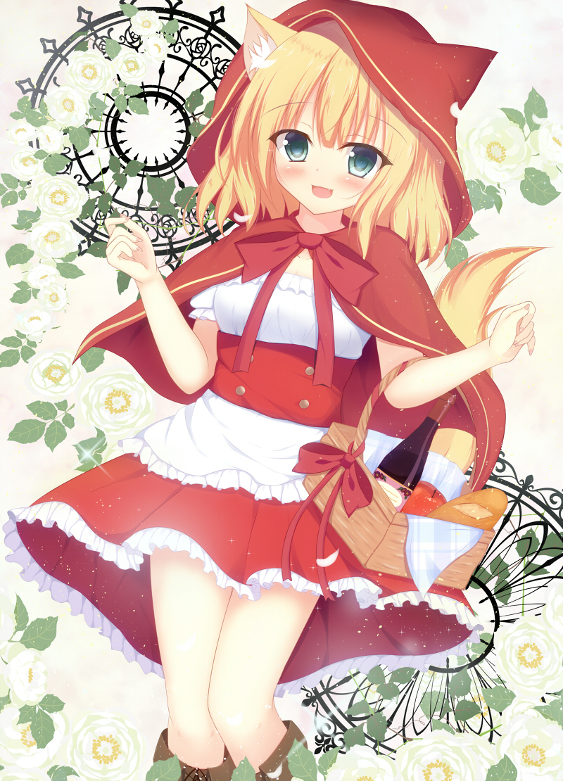1girl alcohol alternate_costume animal_ears apple apron aqua_eyes bangs blonde_hair blush boots bread breasts brown_boots cleavage commentary_request cowboy_shot ensaiburi eyebrows_visible_through_hair fang floral_background flower food frilled_apron frilled_skirt frills fruit gochuumon_wa_usagi_desu_ka? hooded_capelet kemonomimi_mode kirima_sharo knee_boots leaf looking_at_viewer open_mouth picnic_basket red_capelet red_hood shirt short_hair skirt skirt_lift small_breasts smile solo standing tail tsurime underbust waist_apron white_apron white_shirt wind wind_lift wine wolf_ears wolf_tail