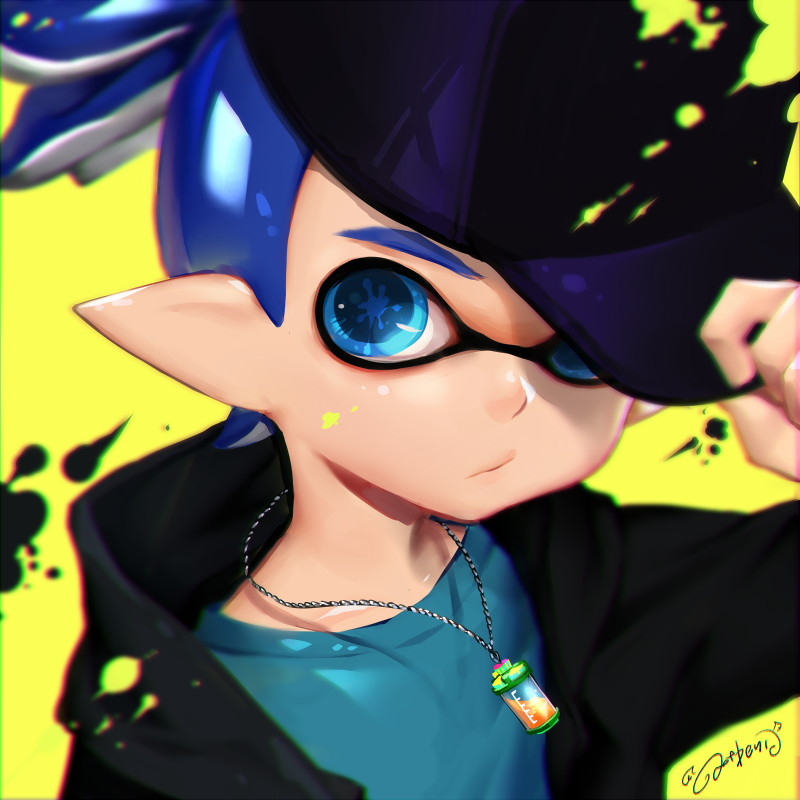 1boy blue_eyes blue_hair domino_mask hat ink_tank_(splatoon) inkling lma looking_at_viewer mask paint_splatter pointy_ears signature simple_background splatoon upper_body yellow_background