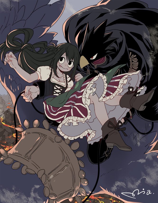 1boy 1girl :p alternate_costume animal_head asui_tsuyu bird black_hair boku_no_hero_academia boots braid breasts cape carrying cleavage cloak corset dress feathers flying frills frog_girl hood hooded_cloak long_hair long_sleeves mia0309 princess_carry puffy_short_sleeves puffy_sleeves red_eyes short_sleeves tokoyami_fumikage tongue tongue_out wings