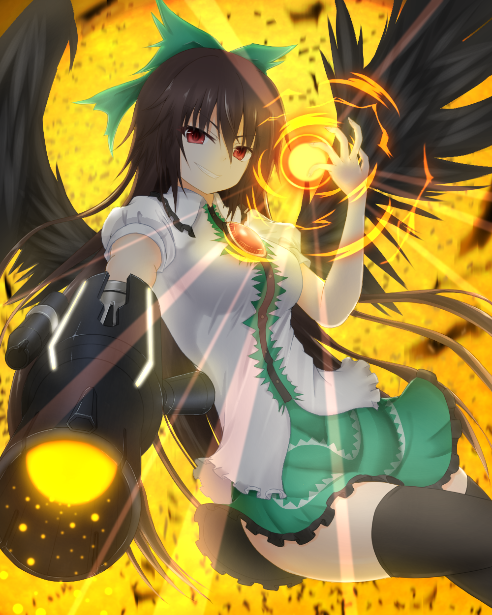 1girl arm_cannon backlighting bangs bird_wings black_legwear black_wings bow breasts brown_hair charging collared_shirt commentary_request denpa_(denpae29) energy_ball eyebrows_visible_through_hair feathered_wings foreshortening frilled_shirt_collar frilled_skirt frills green_bow green_skirt grin hair_between_eyes hair_bow hand_up highres light_rays long_hair looking_at_viewer medium_breasts pointing_weapon puffy_short_sleeves puffy_sleeves red_eyes reiuji_utsuho shirt short_sleeves skindentation skirt smile smirk solo sun thigh-highs third_eye touhou very_long_hair weapon white_shirt wings