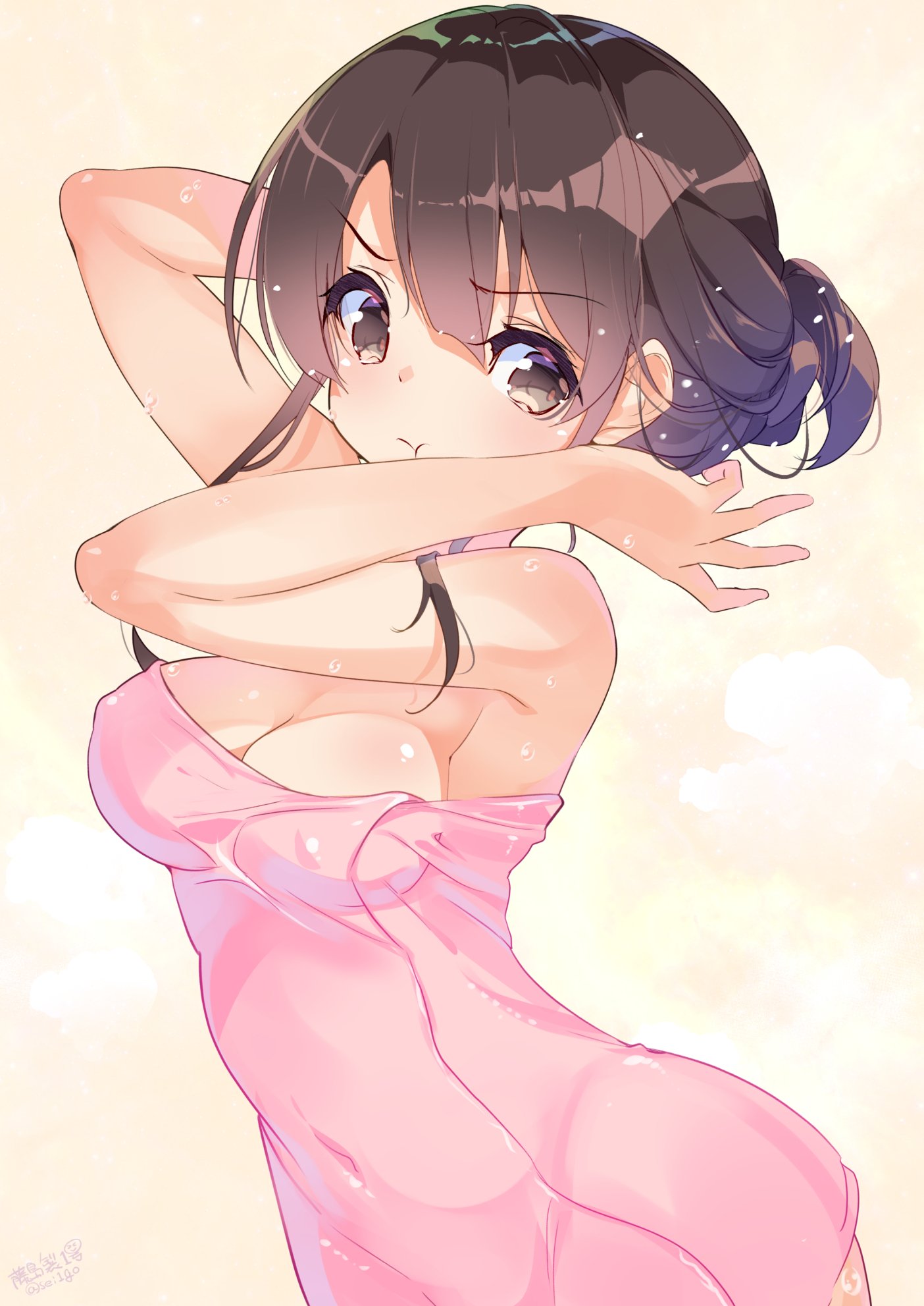 1girl :t beige_background breasts brown_eyes brown_hair character_request cleavage covered_navel fujishima-sei_ichi-gou highres naked_towel pink_towel pout short_hair signature solo towel twitter_username upper_body wet