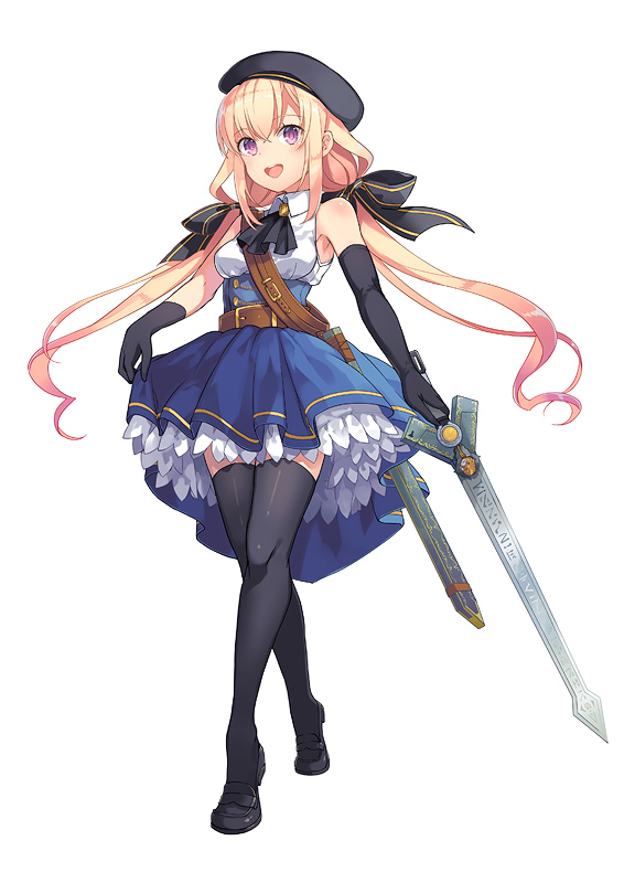 1girl :d assault_lily belt beret black_gloves black_legwear black_shoes blush breasts commentary_request elbow_gloves full_body gloves hair_ribbon hat holding holding_sword holding_weapon loafers long_hair looking_at_viewer low_twintails medium_breasts mismatched_gloves open_mouth ribbon sheath shoes simple_background single_elbow_glove sleeveless smile solo standing sword thigh-highs twintails violet_eyes weapon white_background yumekui