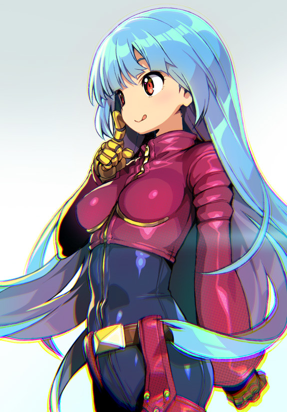 1girl :p belt blue_hair blush breasts chaps chromatic_aberration cropped_jacket finger_to_face from_side gloves index_finger_raised kula_diamond long_hair looking_to_the_side medium_breasts red_eyes shunin solo the_king_of_fighters tongue tongue_out upper_body