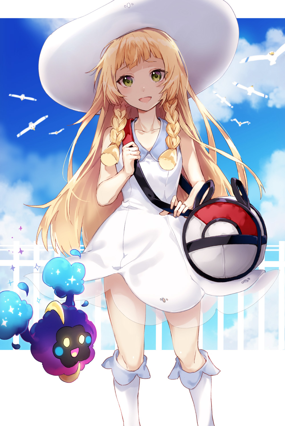 1girl arisaka_ako bag bangs blonde_hair blunt_bangs blush braid clouds cloudy_sky cosmog day dress duffel_bag duplicate green_eyes hat highres lillie_(pokemon) long_hair open_mouth pokemon pokemon_(creature) pokemon_(game) pokemon_sm sky sleeveless sleeveless_dress sun_hat twin_braids white_dress wingull