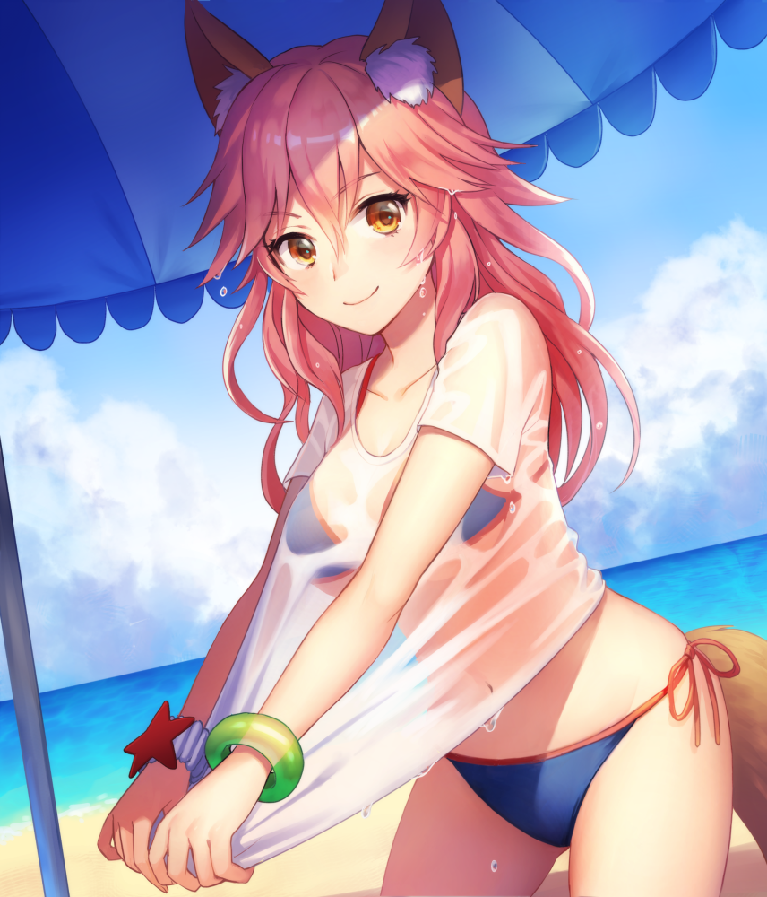 1girl animal_ears bikini fate/grand_order fate_(series) fox_ears hat long_hair looking_at_viewer pink_hair solo swimsuit tail tamamo_(fate)_(all) tamamo_no_mae_(swimsuit_lancer)_(fate) yamyom yellow_eyes