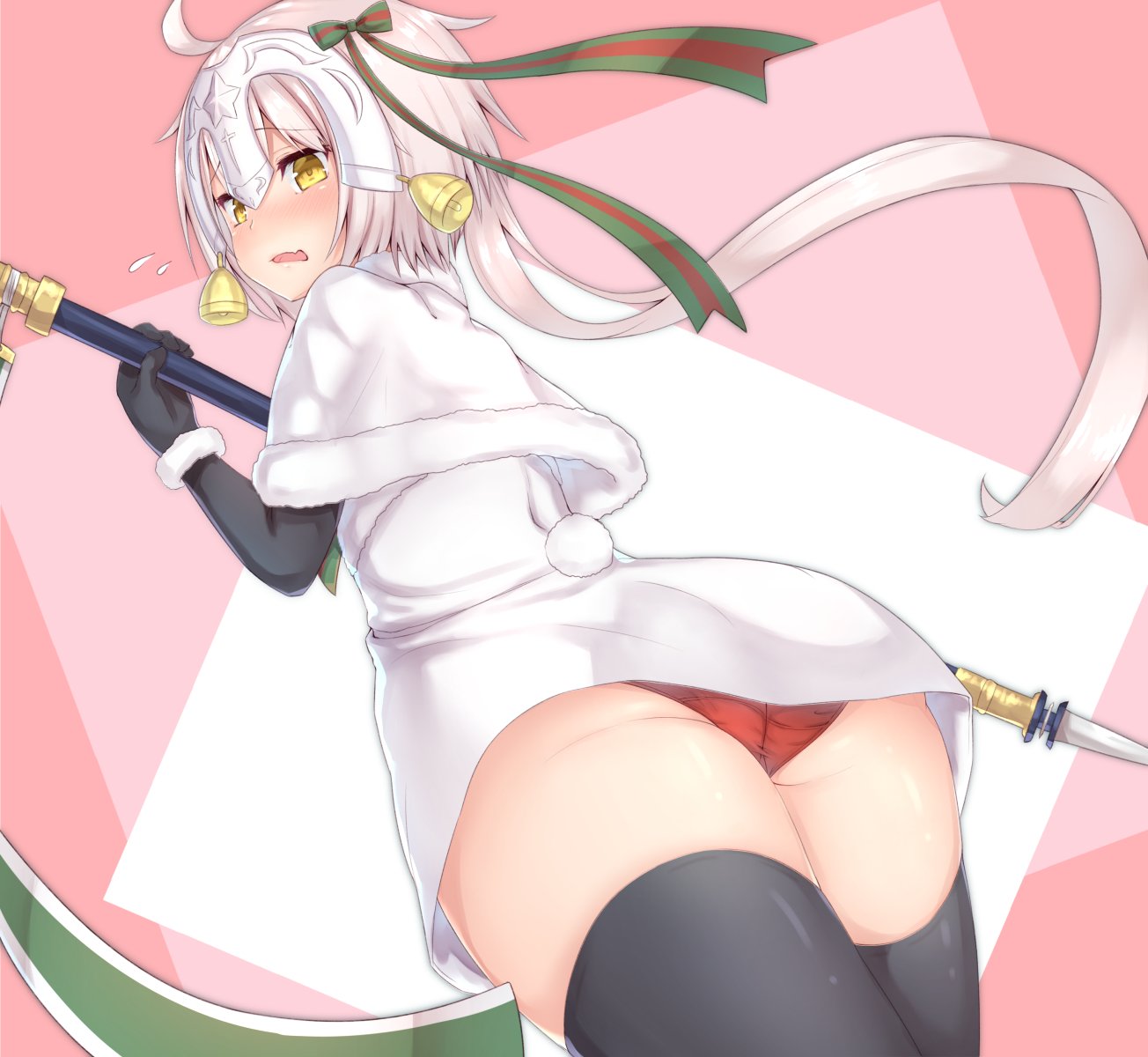 ahoge ass bell black_gloves black_legwear blush bow eyebrows_visible_through_hair gloves green_bow green_ribbon headpiece highres long_hair looking_at_viewer open_mouth panties red_panties reinama ribbon saber saber_alter santa_alter thigh-highs underwear white_hair yellow_eyes