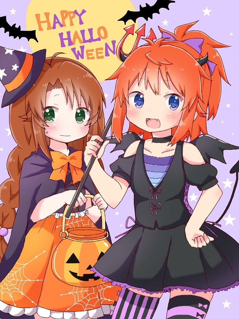 2girls animal bats blue_eyes brown_hair devil dress fang green_eyes halloween koshigaya_komari koshigaya_natsumi long_hair non_non_biyori pixiv ponytail pumpkin red_hair shika_(s1ka) spider_web witch