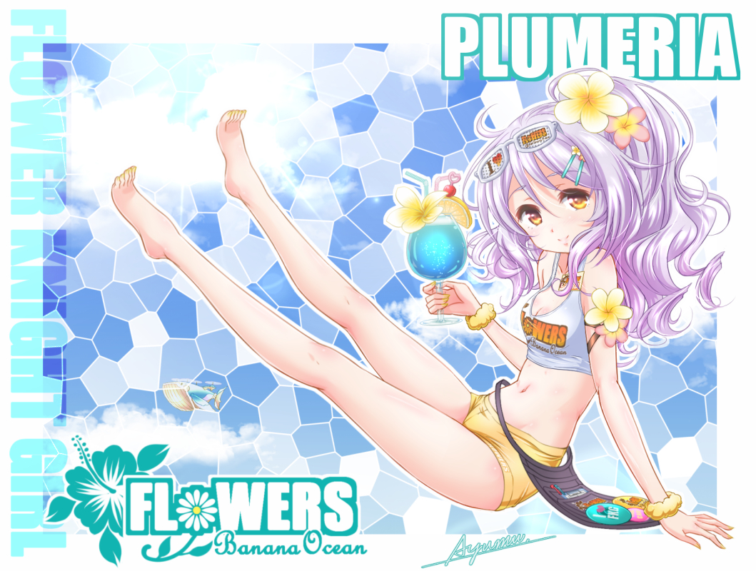 1girl ayumu_(ayumumkrg) blue_background bracelet character_name cocktail_glass copyright_name cup drinking_glass flower flower_knight_girl full_body glass hair_flower hair_ornament holding_glass jewelry lavender_hair long_hair looking_at_viewer midriff mosaic_background navel plumeria_(flower_knight_girl) purple_hair short_shorts shorts signature smile solo sunglasses sunglasses_on_head tank_top yellow_eyes yellow_shorts