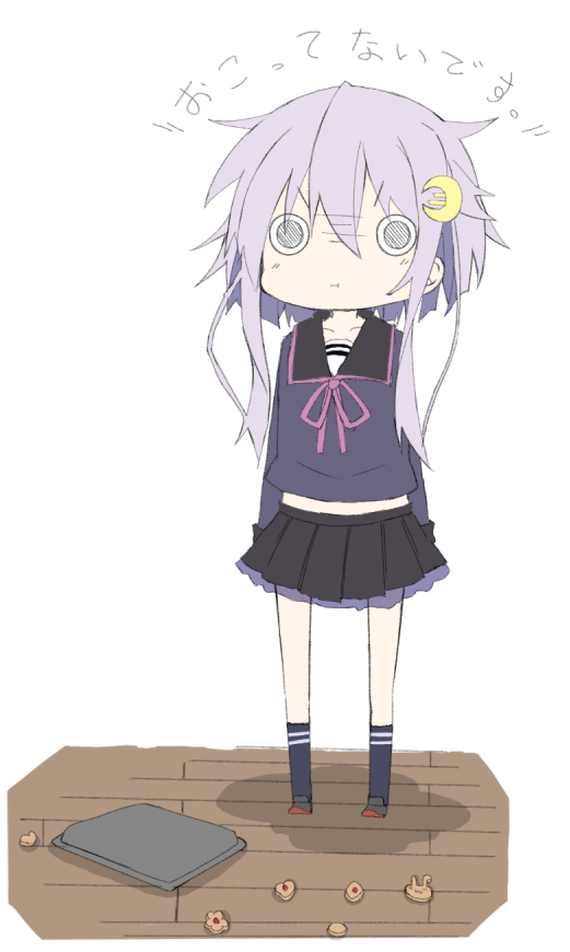 10s 1girl :t azumaya_(miyui001) chibi cookie cooking_tray crescent crescent_hair_ornament food hair_ornament kantai_collection kneehighs o_o pleated_skirt purple_hair school_uniform serafuku short_hair_with_long_locks skirt solo translation_request yayoi_(kantai_collection)