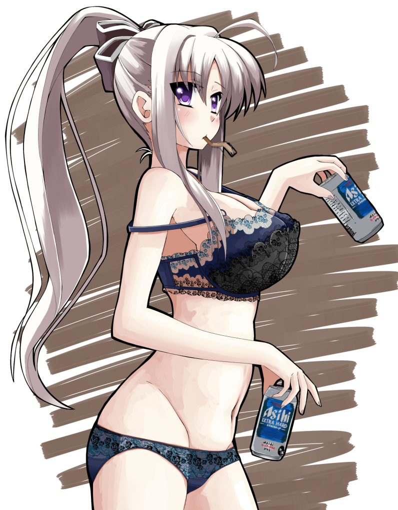 1girl ahoge asahi_breweries azumaya_(miyui001) bare_shoulders beer_can black_bra black_panties blush bow bra brand_name_imitation breasts can cleavage hair_bow large_breasts long_hair looking_at_viewer lyrical_nanoha mouth_hold nail_polish navel panties ponytail rinne_berlinetta sidelocks silver_hair solo strap_slip underwear violet_eyes vivid_strike!