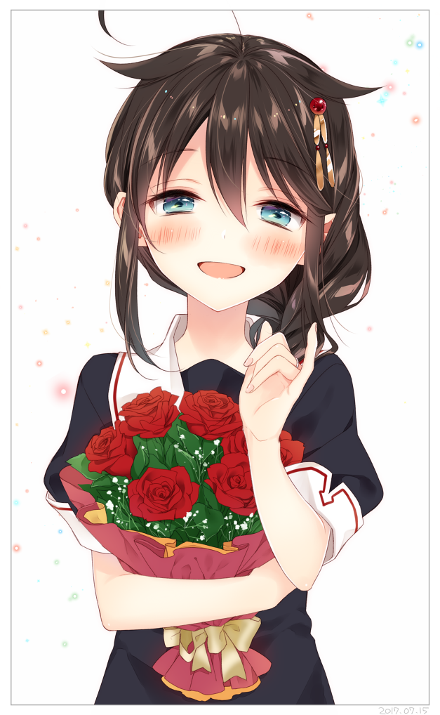1girl :d ahoge bangs black_hair blue_eyes blush bouquet braid dated eyebrows_visible_through_hair fingernails flower frame hair_between_eyes hair_flaps hair_ornament hairpin half-closed_eyes holding holding_bouquet jewelry kantai_collection long_hair looking_at_viewer naoto_(tulip) open_mouth pinky_out red_rose remodel_(kantai_collection) ring rose school_uniform serafuku shigure_(kantai_collection) short_sleeves simple_background single_braid smile solo upper_body wedding_band white_background