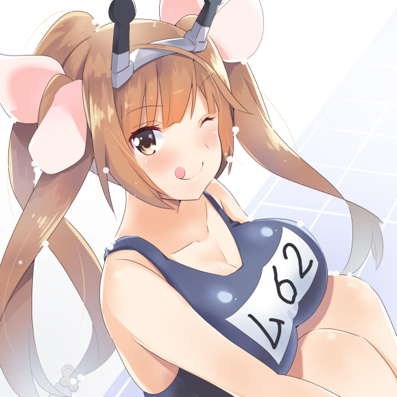 1girl alternate_eye_color alternate_hair_length alternate_hairstyle blue_swimsuit blush breasts brown_eyes cleavage cosplay from_above headgear i-19_(kantai_collection) i-19_(kantai_collection)_(cosplay) kantai_collection large_breasts light_brown_hair long_hair looking_at_viewer mutsu_(kantai_collection) one_eye_closed school_swimsuit sitting smile solo swimsuit tonari_no_kai_keruberosu tongue tongue_out tri_tails upper_body