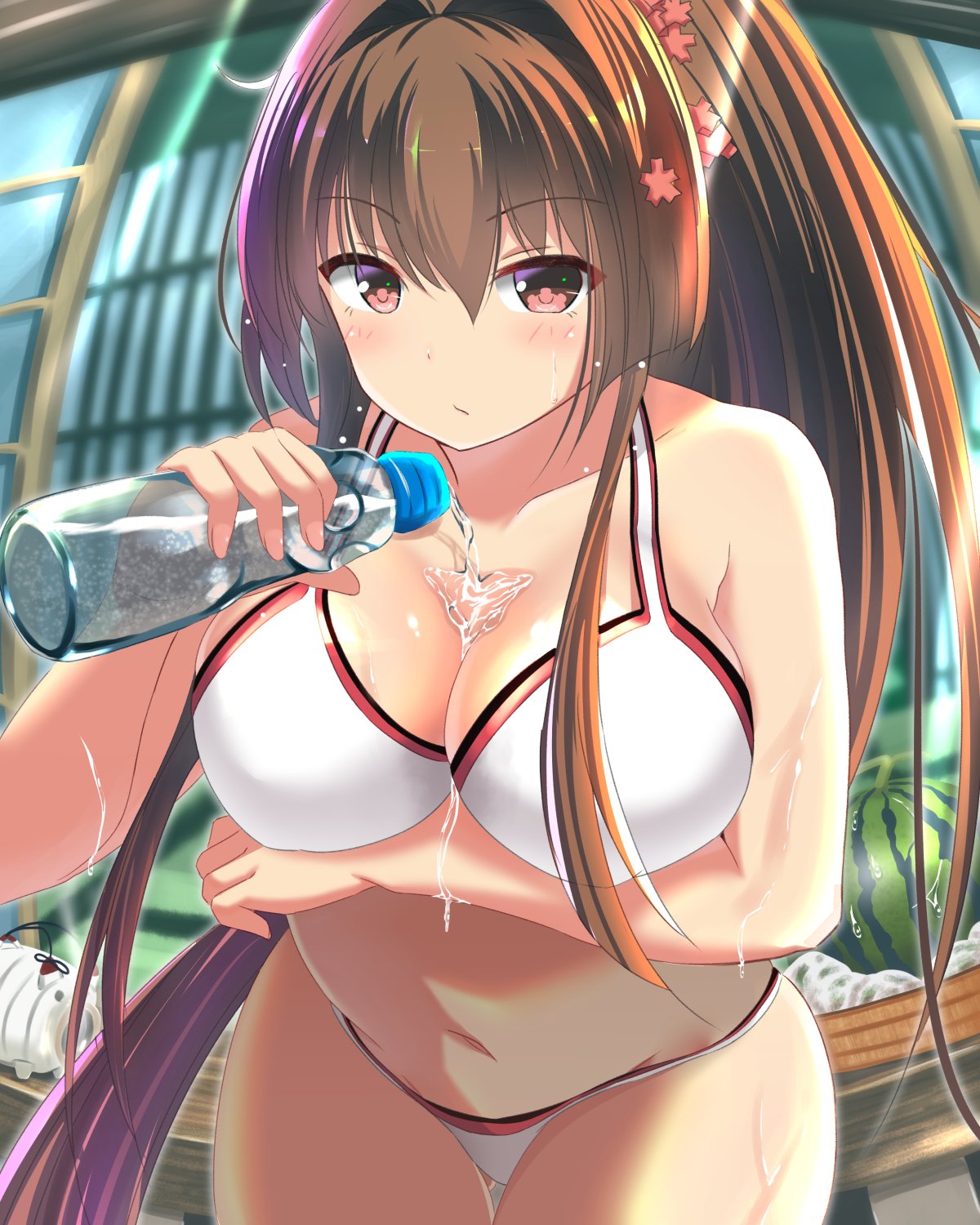 10s 1girl bikini blush bottle breasts brown_hair bust_cup closed_mouth collarbone day eyebrows_visible_through_hair gluteal_fold hair_between_eyes hair_intakes highres kantai_collection kuroame_(kurinohana) large_breasts leaning_forward long_hair looking_at_viewer navel outdoors plump ponytail red_eyes shiny shiny_hair skindentation solo swimsuit very_long_hair water_bottle white_bikini yamato_(kantai_collection)