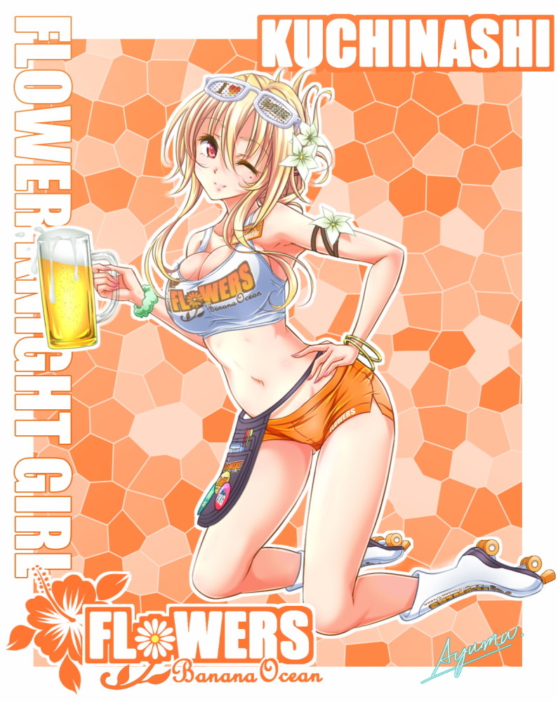 1girl alcohol ayumu_(ayumumkrg) beer beer_mug blonde_hair bracelet breasts cleavage copyright_name flower flower_knight_girl full_body hair_flower hair_ornament hand_on_hip holding_glass jewelry kneeling kuchinashi_(flower_knight_girl) large_breasts looking_at_viewer midriff mosaic_background navel one_eye_closed orange_(color) orange_background orange_shorts red_eyes roller_skates short_hair short_shorts shorts sidelocks signature skates smile solo sunglasses sunglasses_on_head tank_top