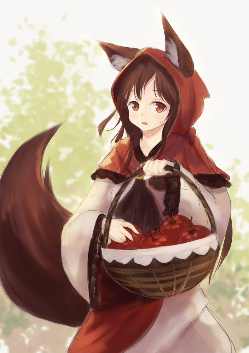 1girl animal_ears apple brooch brown_hair dress food fruit highres hood imaizumi_kagerou jewelry long_hair long_sleeves looking_at_viewer open_mouth red_eyes red_hood solo tail touhou wide_sleeves wolf_ears wolf_tail yukitourou