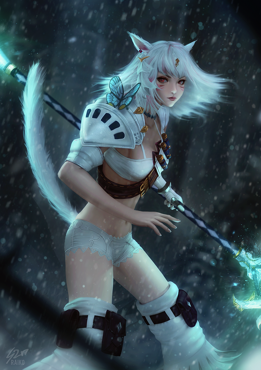 1girl animal_ears armor blurry blurry_foreground boots butterfly cat_ears cat_tail choker facial_mark final_fantasy final_fantasy_xiv gloves hair_ornament highres long_hair miqo'te raikoart red_eyes short_shorts shorts shoulder_armor signature single_glove slit_pupils snowing solo standing tail thigh-highs thigh_boots weapon white_hair