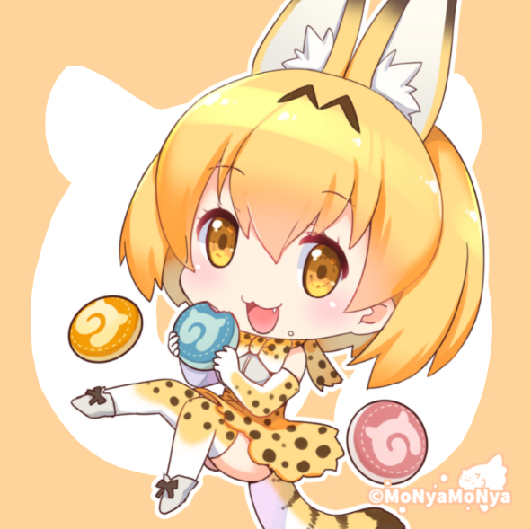 1girl animal_ears blush bow bowtie chibi eyebrows_visible_through_hair kemono_friends looking_at_viewer matching_hair/eyes open_mouth orange_bow orange_bowtie orange_eyes orange_hair orange_legwear serval_(kemono_friends) serval_ears shibi short_hair smile solo thigh-highs twitter_username