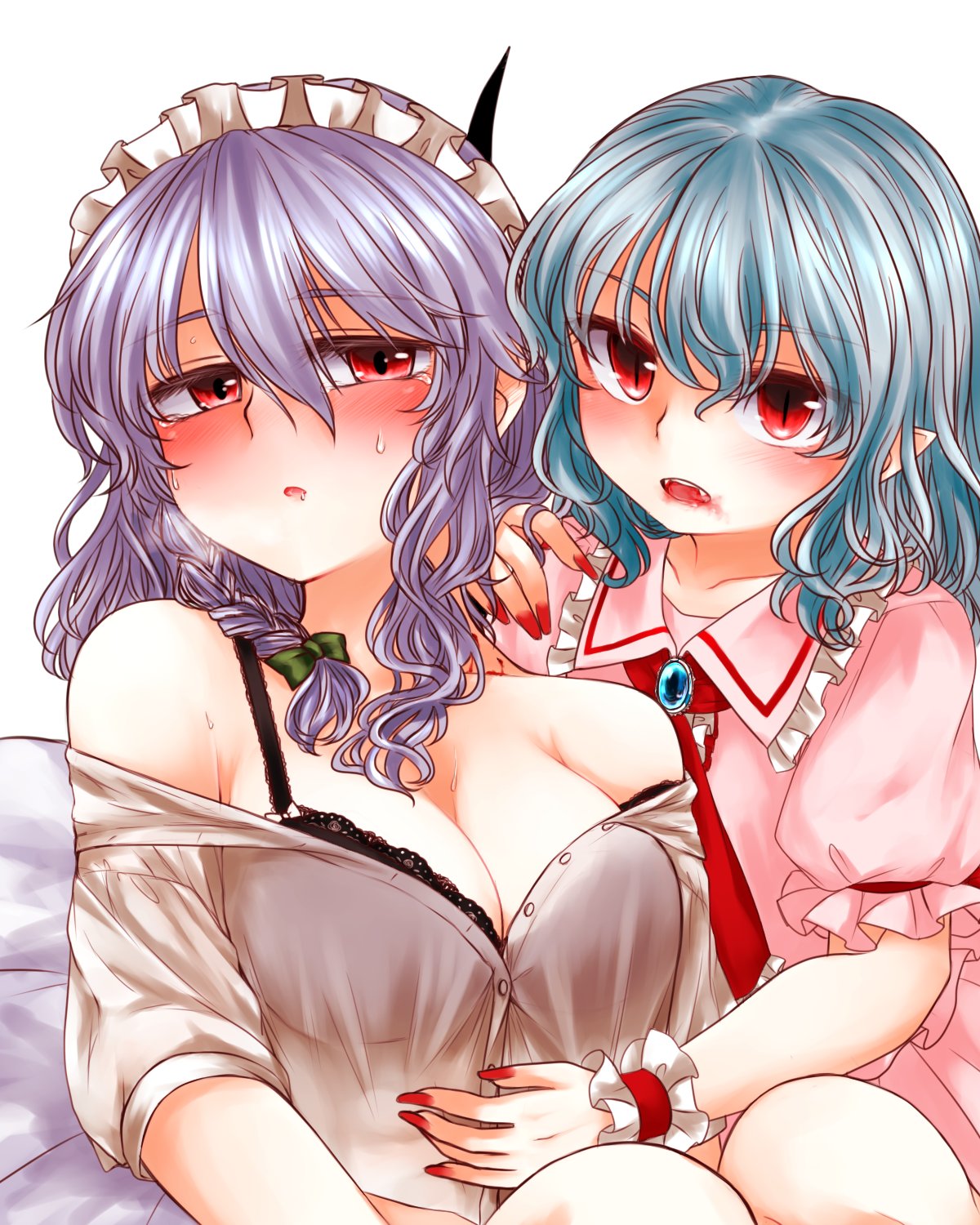 2girls artist_request bat_wings black_bra blood blood_on_face blue_hair blush bra breasts brooch buttons cleavage dress_shirt fangs hair_between_eyes highres izayoi_sakuya jewelry large_breasts lavender_hair maid_headdress multiple_girls nail_polish off_shoulder pointy_ears red_eyes red_nails remilia_scarlet shirt simple_background sweat touhou underwear upper_body vampire white_background white_shirt wings wrist_cuffs yuri