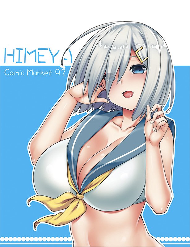 10s 1girl abe_inori adapted_costume adjusting_hair bare_arms blue_eyes blush breasts cleavage collarbone commentary_request hair_ornament hair_over_one_eye hairclip hamakaze_(kantai_collection) hands_up kantai_collection large_breasts looking_at_viewer midriff neckerchief open_mouth sailor_collar short_hair silver_hair smile solo upper_body waist white_bikini_top yellow_neckerchief