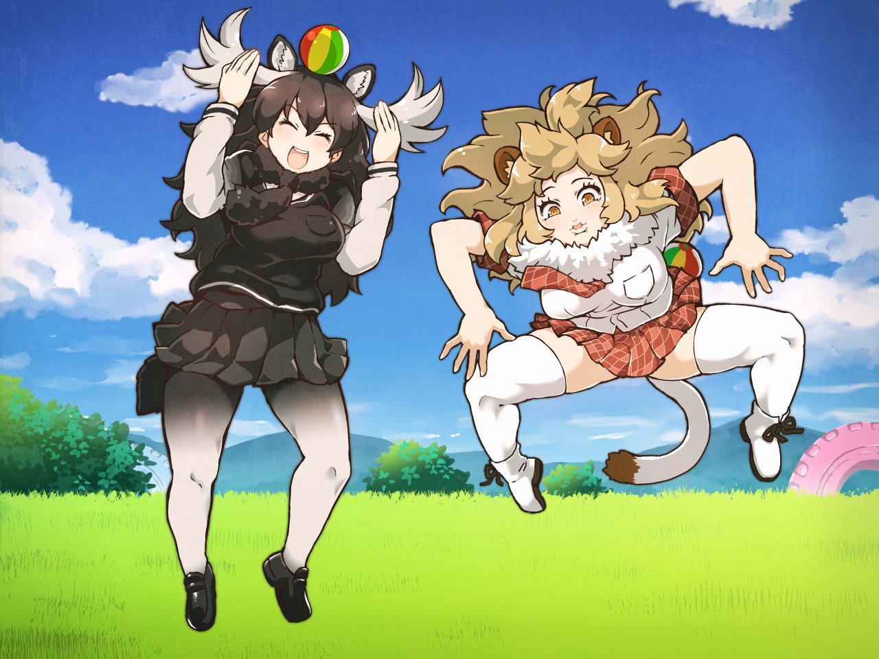 &gt;_&lt; 2girls animal_ears antlers ball character_request duckface kemono_friends lion_(kemono_friends) lion_ears long_hair meme moose_(kemono_friends) moose_ears multiple_girls open_mouth skirt tail tanaka_kusao