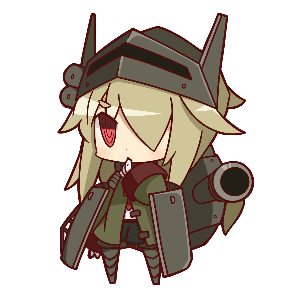 1girl blonde_hair cannon chibi coat finger_to_mouth hair_over_one_eye helmet long_hair nuu_(nu-nyu) personification red_eyes simple_background solo t26e4_superpershing white_background world_of_tanks