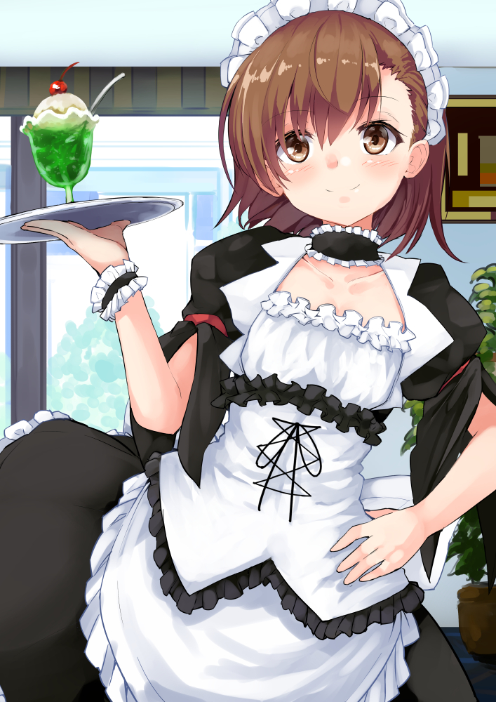 1girl alternate_costume apron blush brown_eyes brown_hair collarbone commentary_request enmaided frills maid maid_apron maid_headdress misaka_mikoto noa_(nagareboshi) puffy_sleeves short_hair short_sleeves solo to_aru_kagaku_no_railgun to_aru_majutsu_no_index tray waist_apron wrist_cuffs