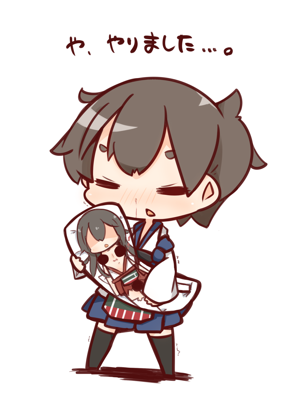 10s 2girls akagi_(kantai_collection) black_hair black_legwear blood censored chibi closed_eyes dakimakura highres japanese_clothes kaga_(kantai_collection) kantai_collection multiple_girls nosebleed nuu_(nu-nyu) shaded_face simple_background standing thigh-highs translation_request triangle_mouth white_background