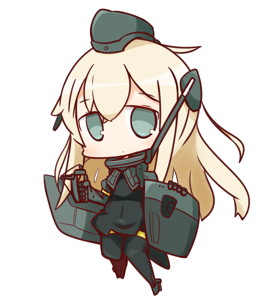 10s 1girl blonde_hair blue_eyes chibi cropped_jacket full_body garrison_cap hat kantai_collection long_hair nuu_(nu-nyu) rigging simple_background solo u-511_(kantai_collection) white_background