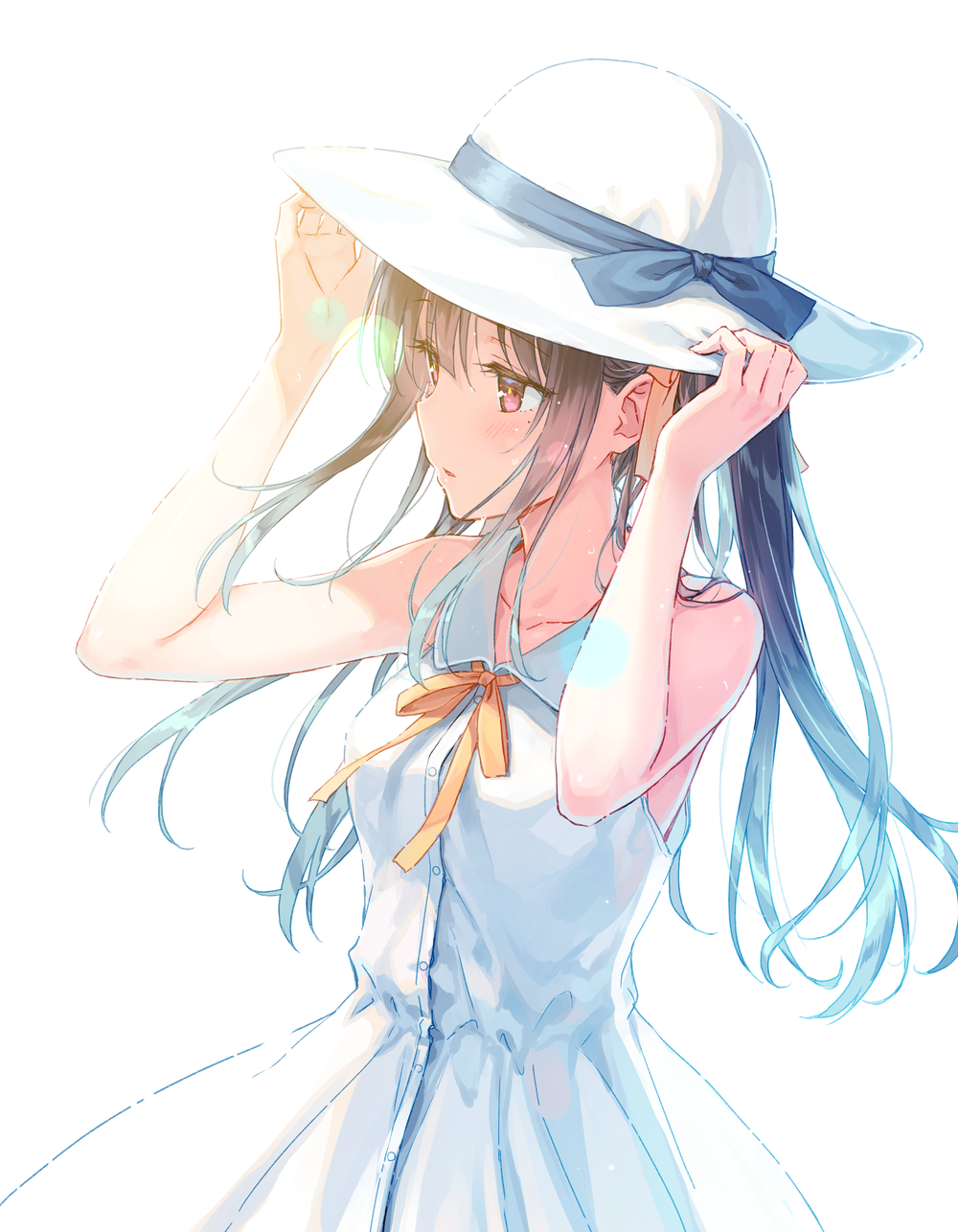 1girl arms_up backlighting bangs black_hair breasts collarbone dress eyebrows_visible_through_hair hands_up hat highres hiten_goane_ryu holding holding_hat lens_flare long_hair looking_to_the_side medium_breasts original parted_lips sidelocks simple_background sleeveless sleeveless_dress solo sun_hat sundress twintails violet_eyes white_background