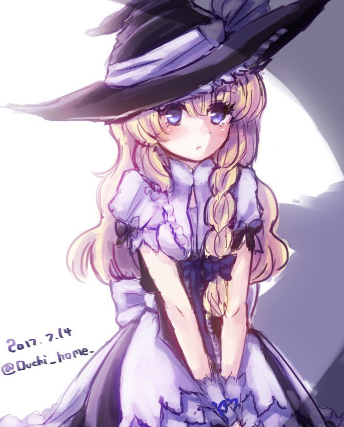 1girl :/ apron blonde_hair blue_eyes blush braid detached_collar dress gloves hands_together hat kirisame_marisa long_hair looking_at_viewer ouchi_home puffy_short_sleeves puffy_sleeves sash short_sleeves side_braid single_braid solo touhou underbust v_arms waist_apron wavy_hair white_gloves witch_hat