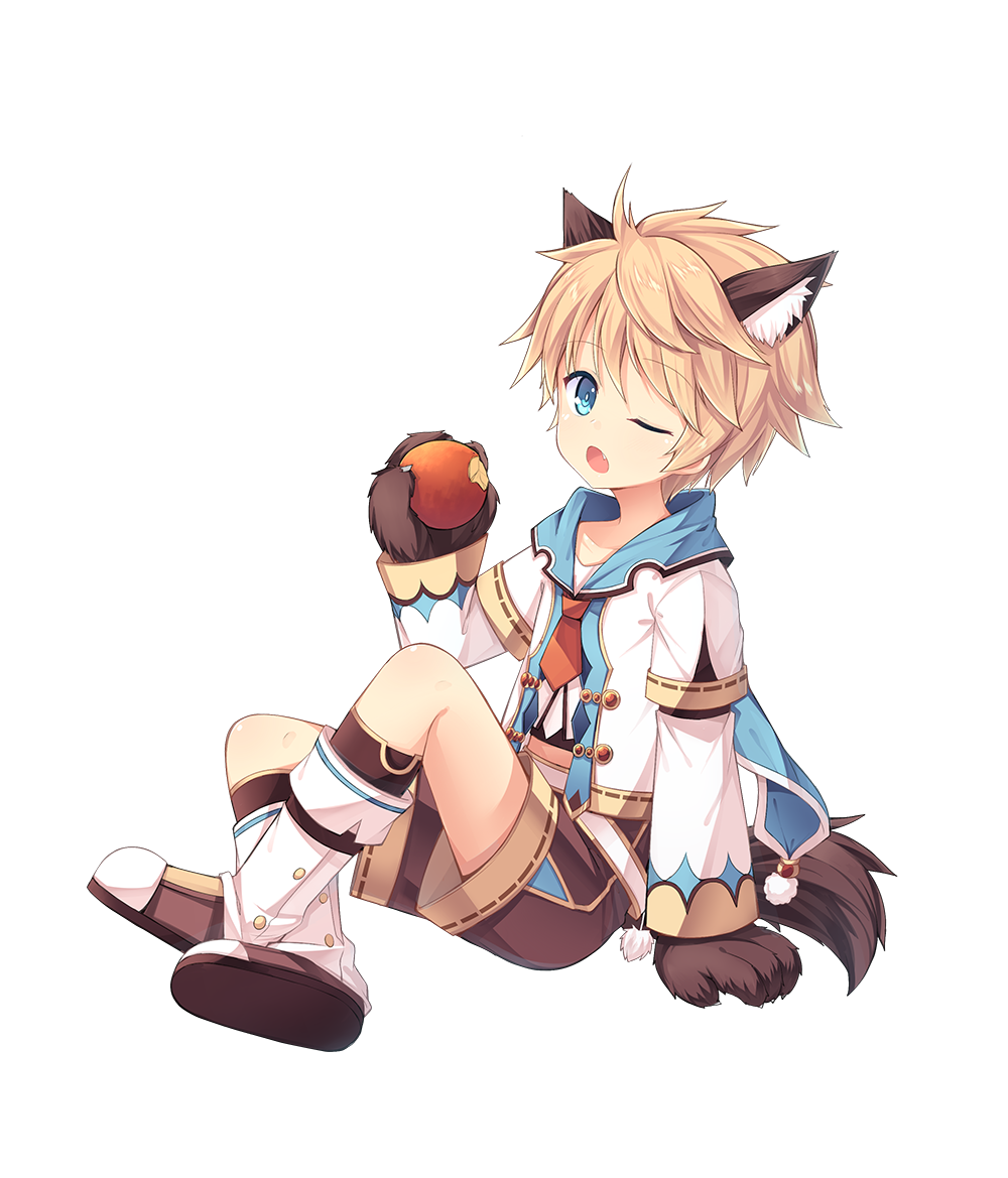 1boy ;o amemiya_ruki animal_ears apple aura_kingdom bitten_apple blonde_hair boots fang food fruit full_body holding legs_crossed long_sleeves looking_at_viewer male_focus one_eye_closed pom_pom_(clothes) short_hair shorts sitting solo tail transparent_background wolf_ears wolf_paws wolf_tail